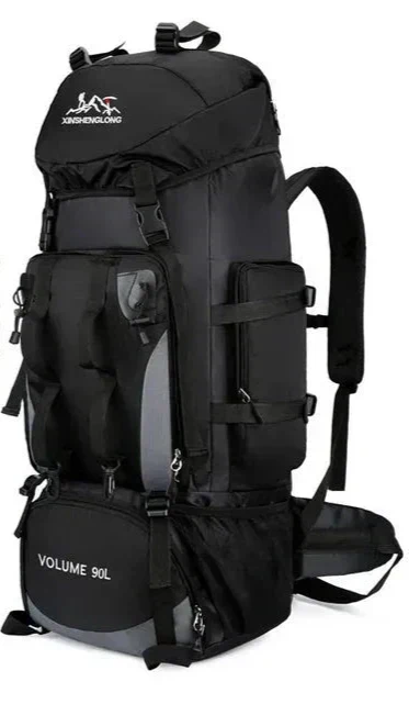 Detailed view of a men's 90L hiking backpack, showcasing multiple compartments and sturdy design.