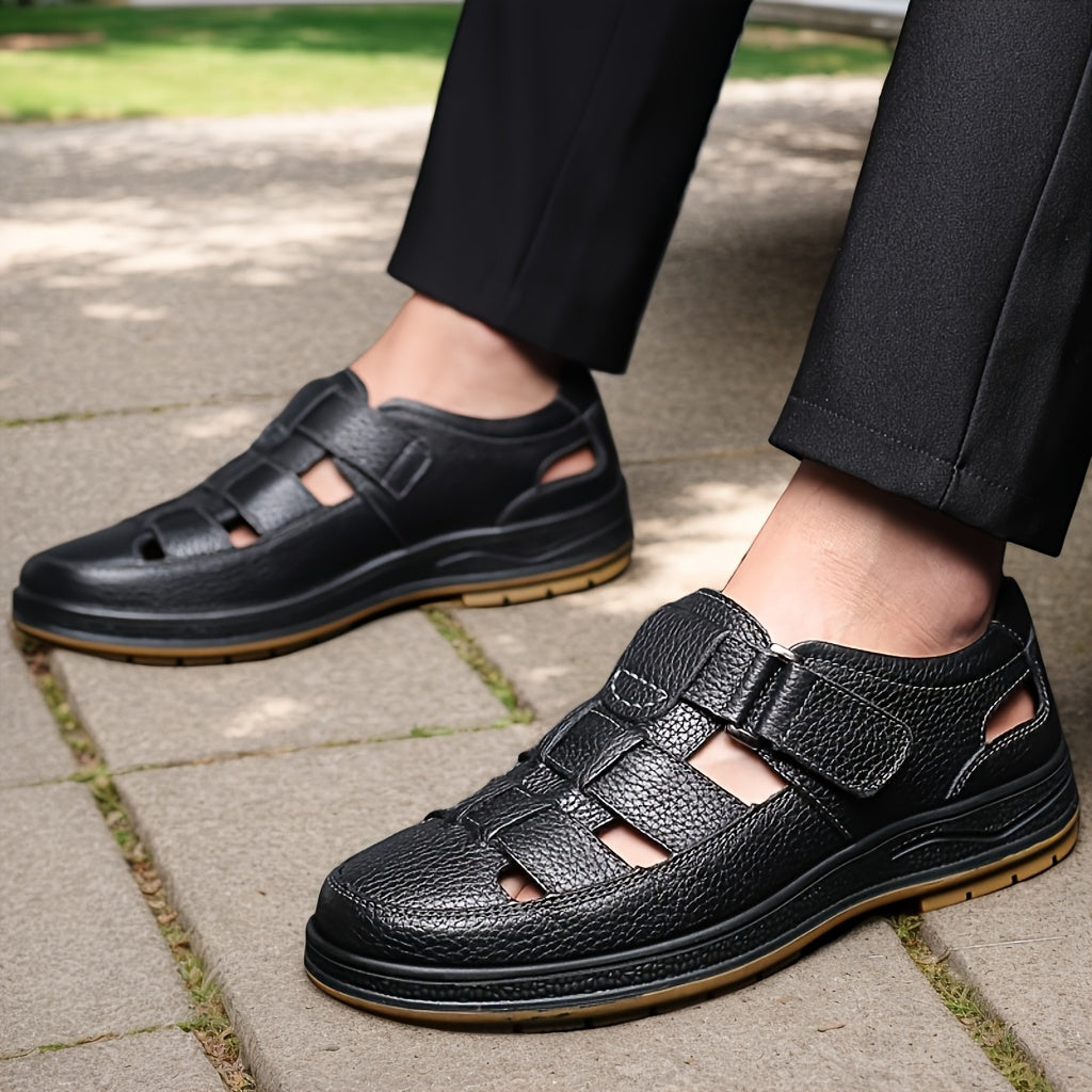 Black men's closed-toe summer sandals featuring adjustable straps for outdoor comfort & walking.