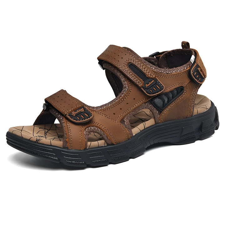 Stylish men's adjustable sandals with striking contrast stitching, perfect for casual outdoor comfort and warm weather.