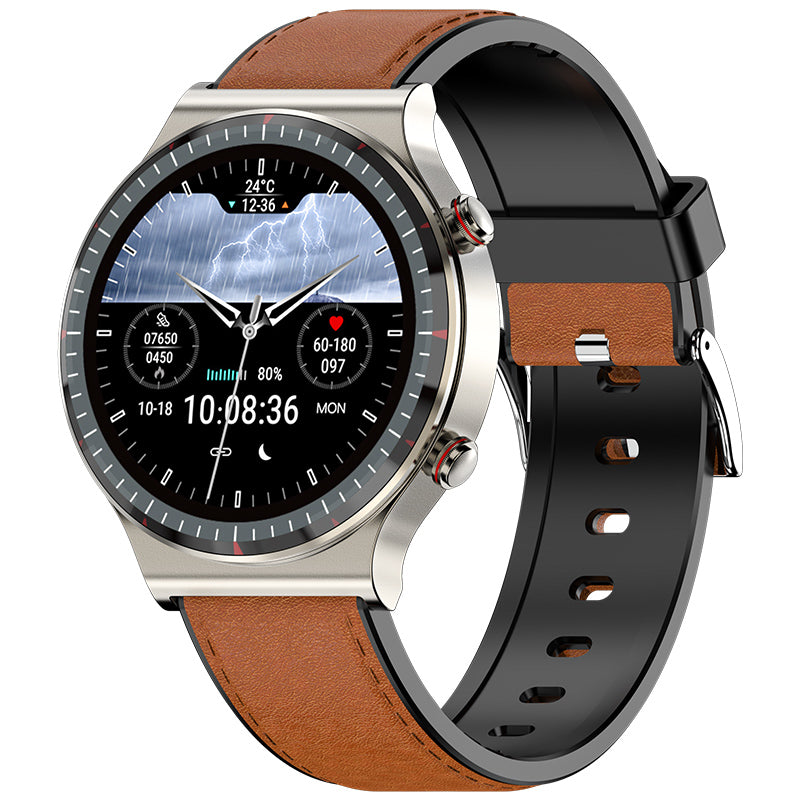 Modern men's smartwatch with ECG, SpO2, HR, and Bluetooth 5.1 connectivity.