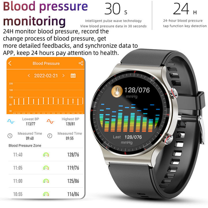 Sleek men's smartwatch featuring real-time ECG, blood pressure & sleep analysis.