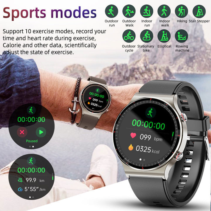 Advanced men's smartwatch for comprehensive health monitoring: ECG, O2, HR, BP.