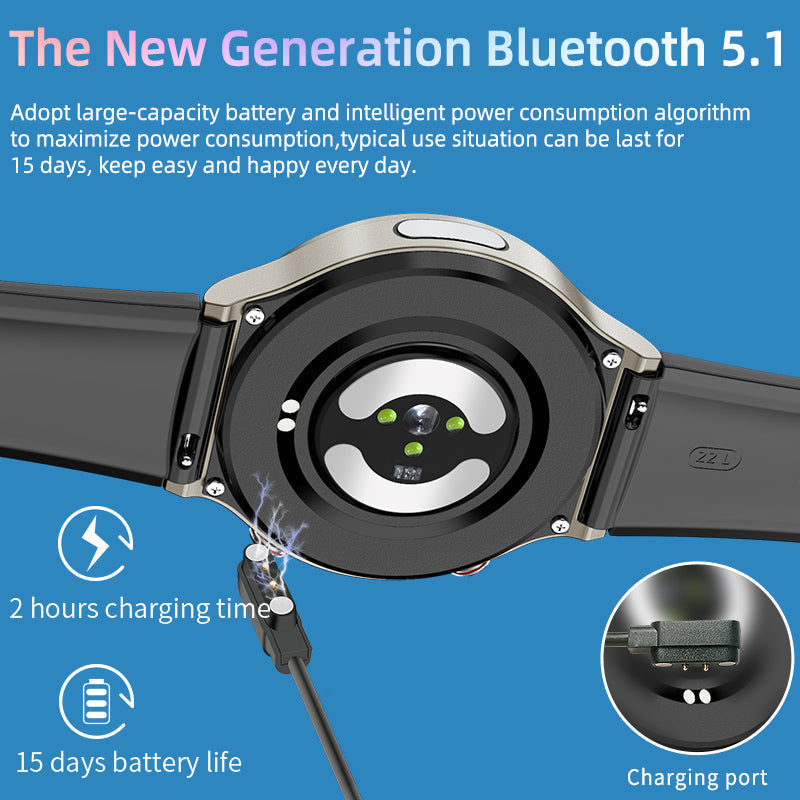 Bluetooth 5.1 men's smartwatch for active lifestyles with ECG & health insights.