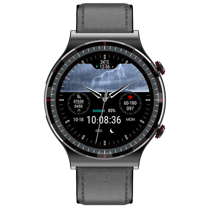 Men's smart watch with ECG capability, blood oxygen level, and activity tracking.