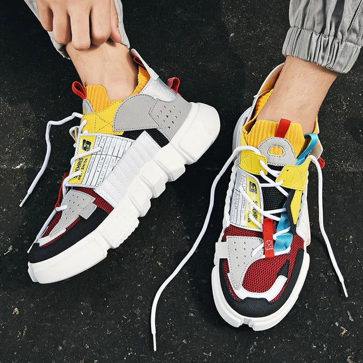 Rainbow accented men's AirWave sneakers; vibrant streetwear shoes offering ultimate comfort and skater vibe.