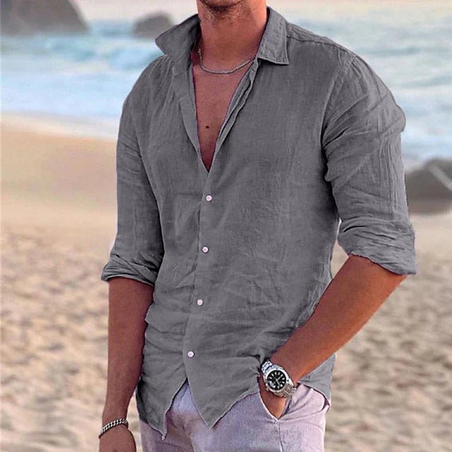 Breathable men's button-down top, airy and comfortable for everyday wear.