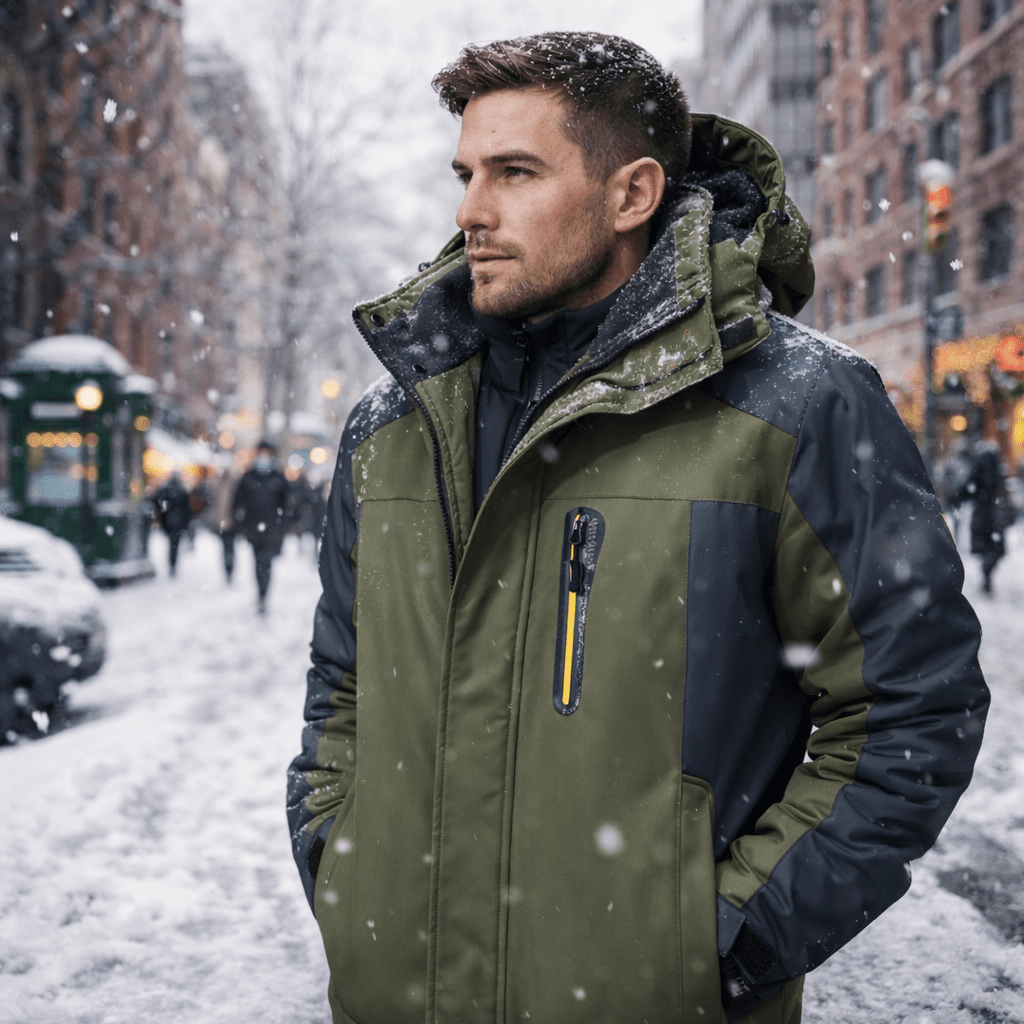 Men's all-weather functional winter coat, waterproof & windproof for cold outdoor adventures.