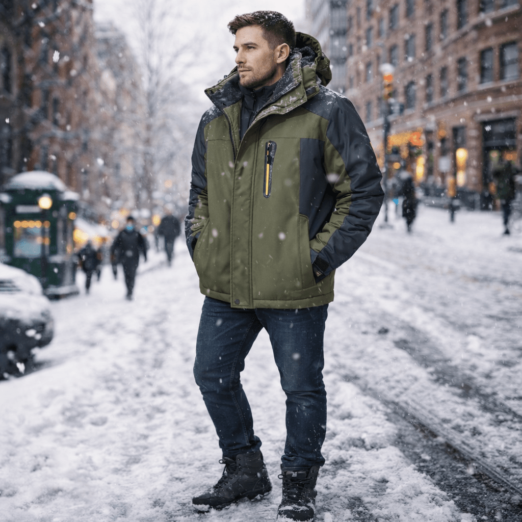 Durable men's insulated winter jacket, perfect for trekking, commuting & cold weather protection.