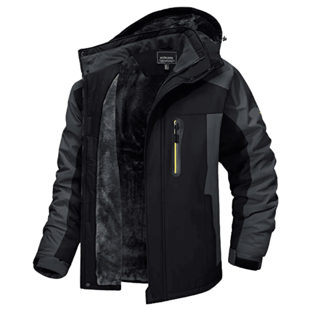 Waterproof men's winter coat, windproof & functional for cold weather outdoor activities.