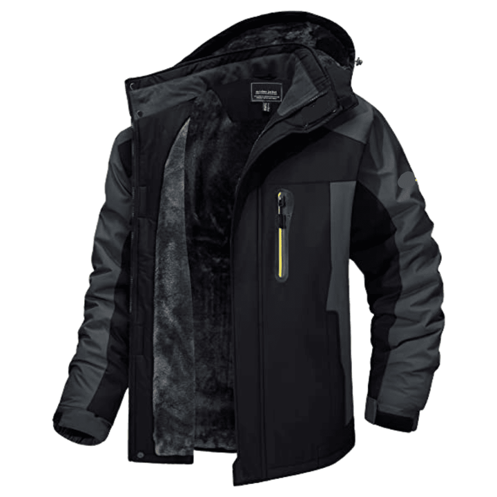Waterproof men's winter coat, windproof & functional for cold weather outdoor activities.