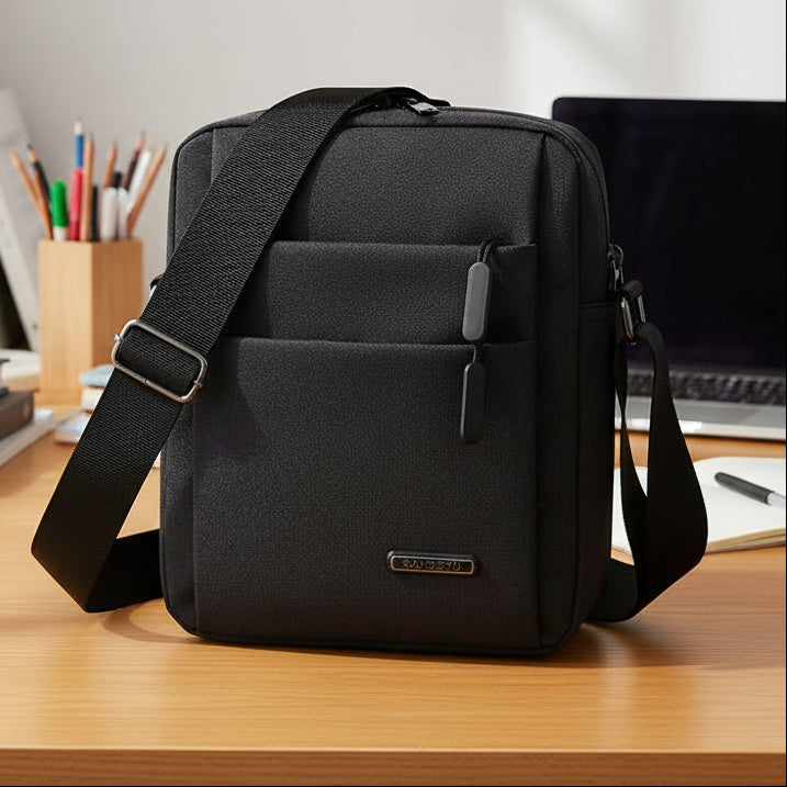 Men's anti-theft waterproof shoulder bag for secure travel. Durable cross-body everyday bag with adjustable strap.