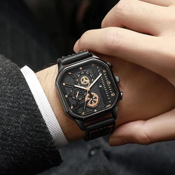 Men's Arcane Chronos luxury watch with a distinctive square dial & elegant leather band. Timeless men's accessory.
