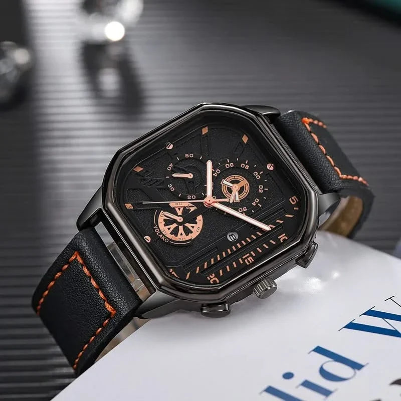 Arcane Chronos men's square dial quartz watch, featuring a sleek design and premium leather strap.