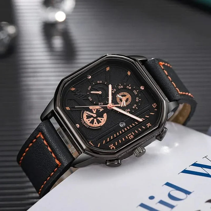 Arcane Chronos men's square dial quartz watch, featuring a sleek design and premium leather strap.