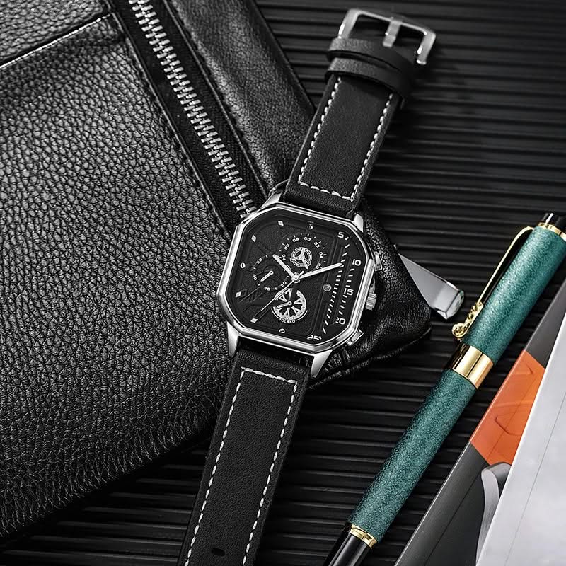 Men's Arcane Chronos square dial watch on wrist, a sophisticated and timeless men's accessory with a leather band.