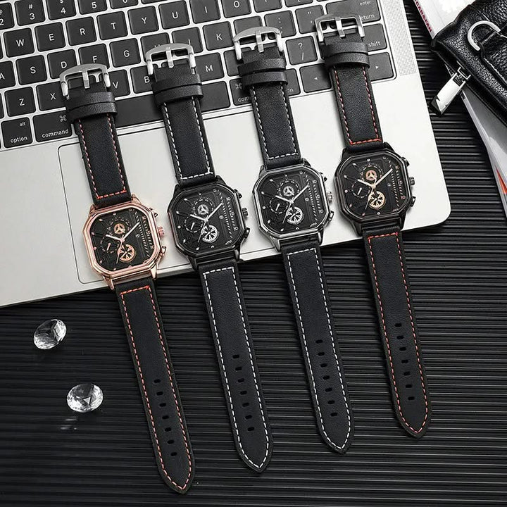 Elegant Arcane Chronos men's quartz watch, featuring a unique square dial and durable leather band. Luxury men's accessory.