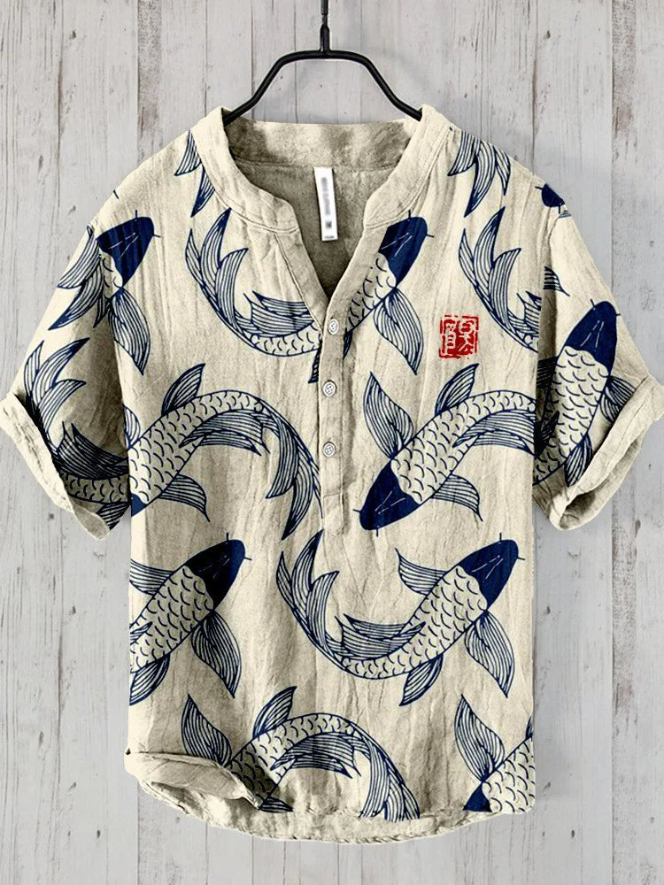 Men's artistic print polo shirt, short sleeve, v-neck, relaxed fit for effortless casual style.