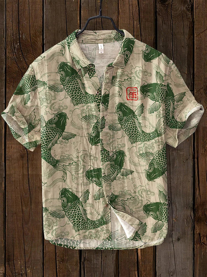 Stylish men's polo shirt featuring a unique graphic art print, perfect short sleeve top for summer casual wear.