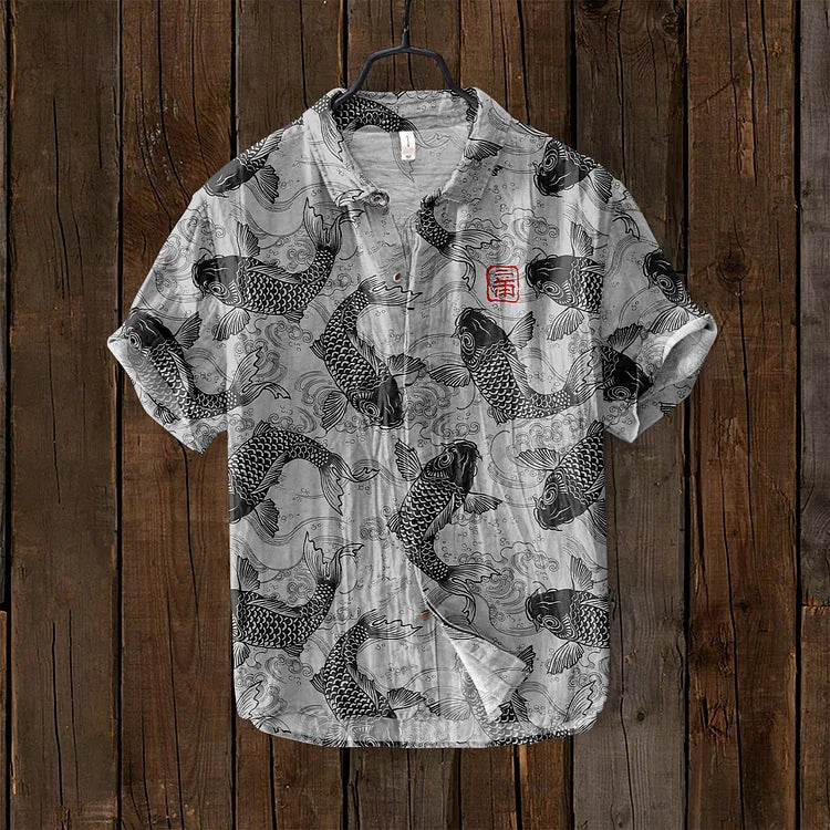 Effortless men's fashion: short sleeve artistic print polo shirt with a comfortable relaxed fit, modern design.