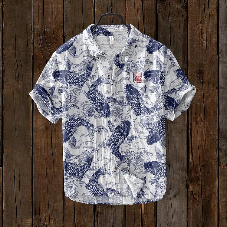 Short sleeve men's polo shirt featuring a vibrant artistic print, designed for a stylish, relaxed, modern look.