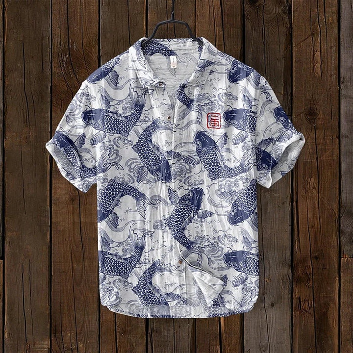 Short sleeve men's polo shirt featuring a vibrant artistic print, designed for a stylish, relaxed, modern look.