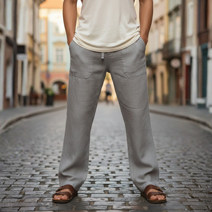 Men's baggy linen drawstring trousers, perfect for casual summer comfort and relaxed style.