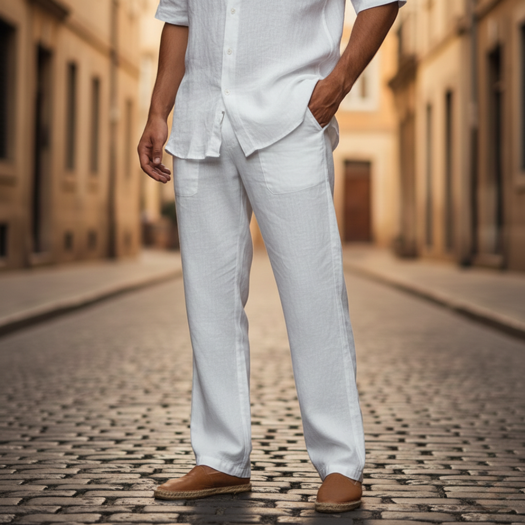 Side profile of men's baggy linen trousers, highlighting the relaxed silhouette and casual summer style.