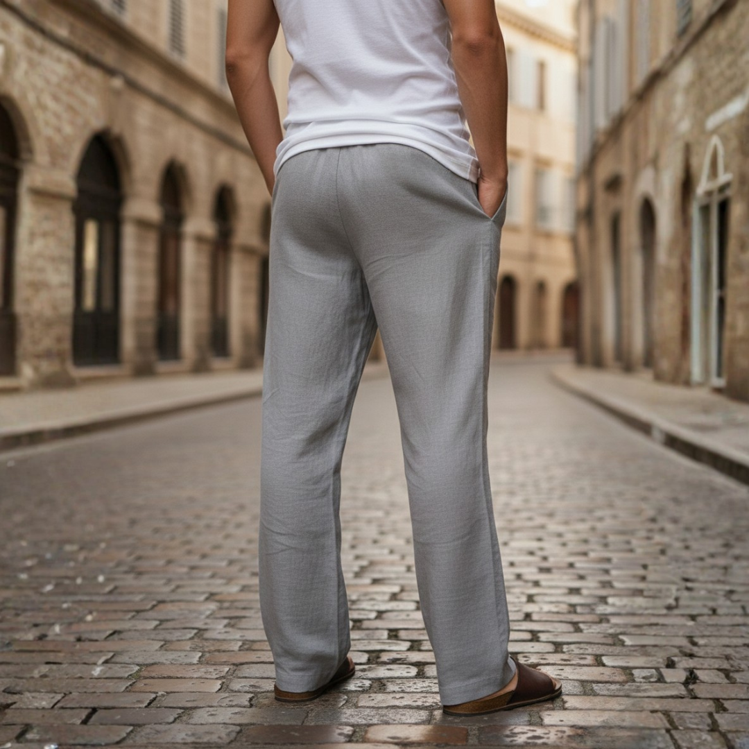 Relaxed fit men's linen pants with an adjustable drawstring waist, ideal for ultimate casual comfort.