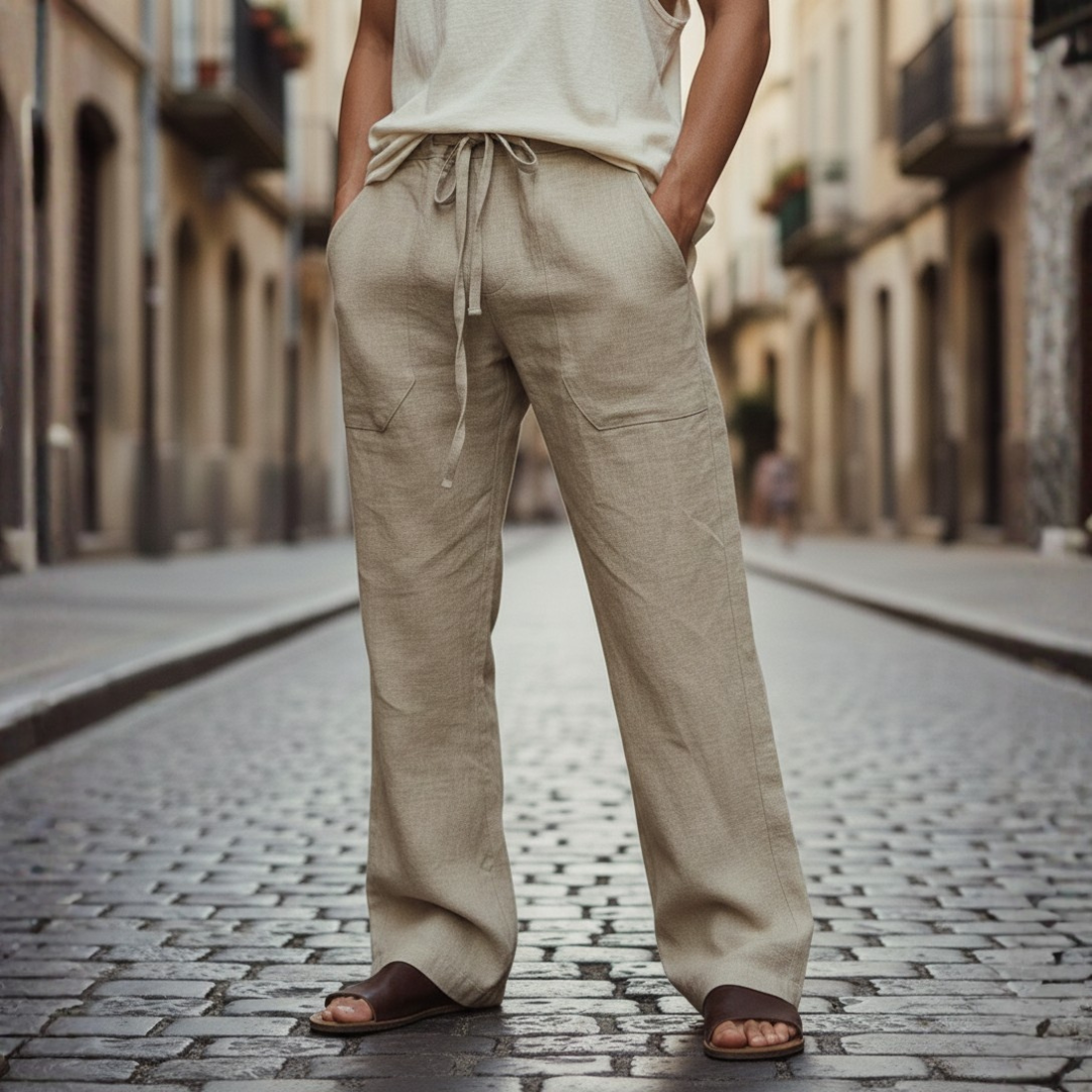 Comfortable men's baggy linen trousers, great for summer leisure, beach trips, or everyday relaxed wear.