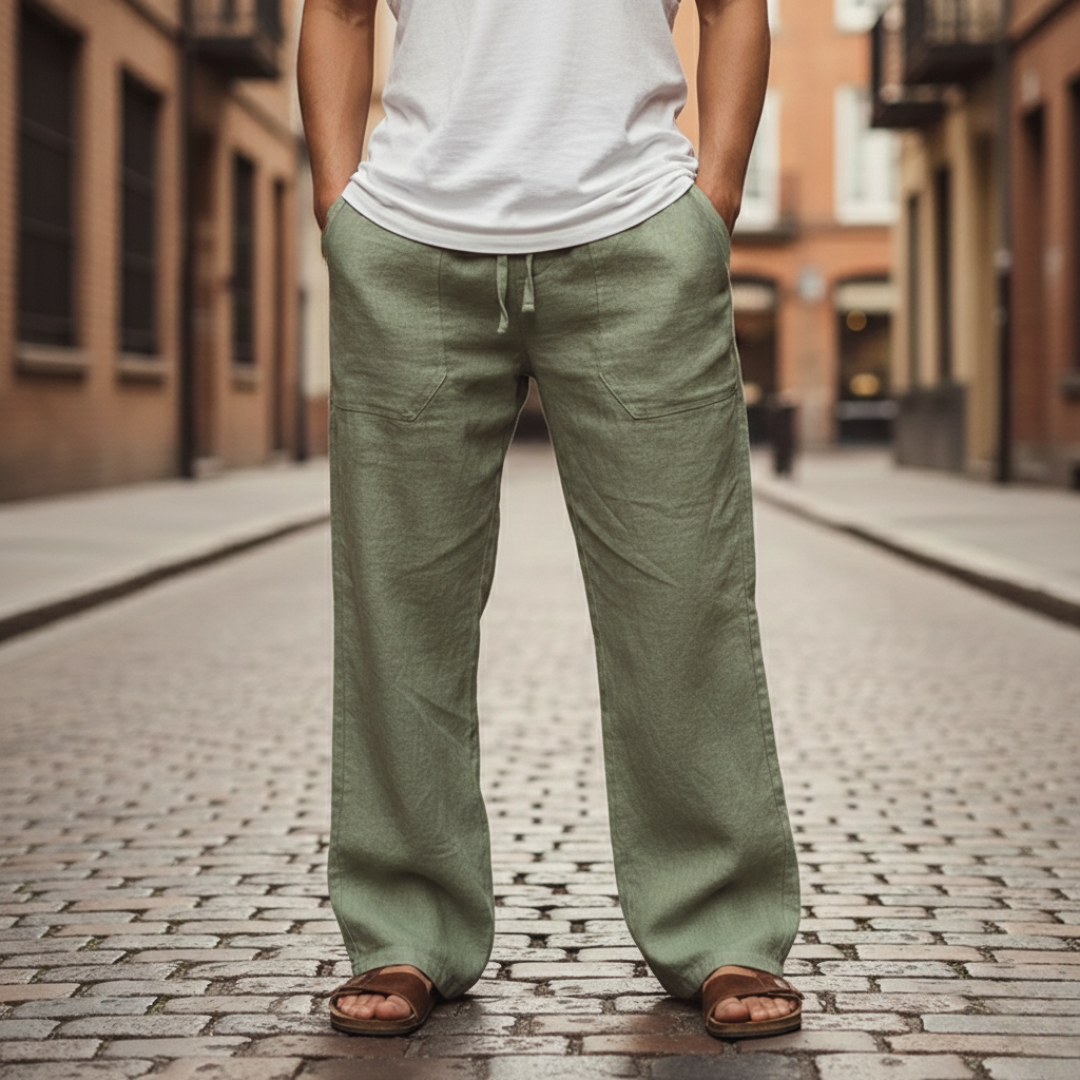 Stylish men's baggy linen trousers, versatile for casual wear and providing relaxed summer comfort.