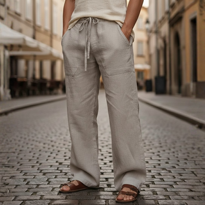 Men's relaxed fit linen trousers, excellent for casual summer days, travel, and ultimate comfort.