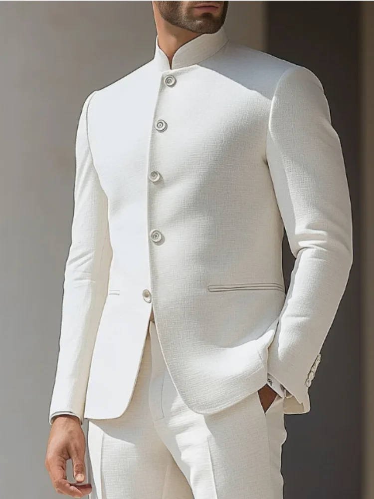 Men's Band Collar Nehru Suit, perfect for modern formal wear, weddings, and special occasions. Smart men's fashion.