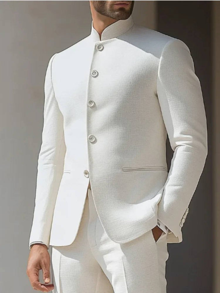 Men's Band Collar Nehru Suit, perfect for modern formal wear, weddings, and special occasions. Smart men's fashion.