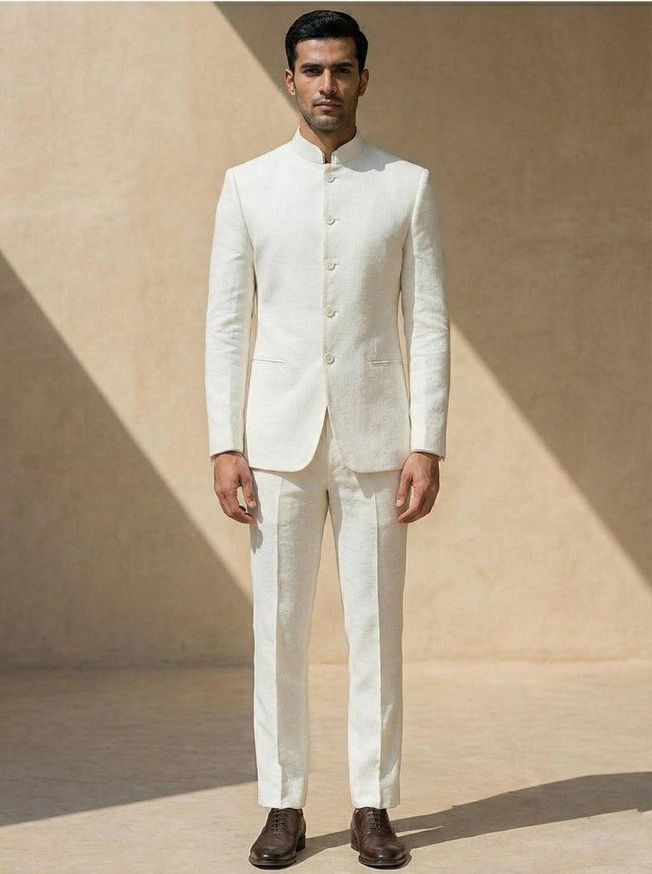 Stylish men's Nehru suit with band collar, a modern formal blazer and pant set for weddings & smart casual events.