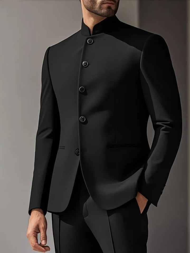 Elegant men's band collar Nehru jacket & trousers. Modern formal suit for weddings, parties, and occasion wear fashion.