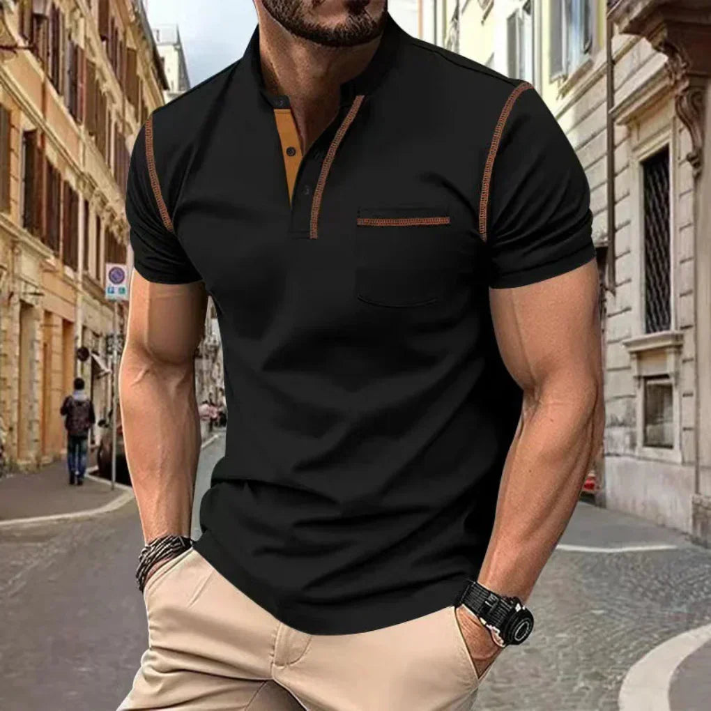 Men's band collar polo shirt, modern casual style, short sleeve, ideal for everyday wear.