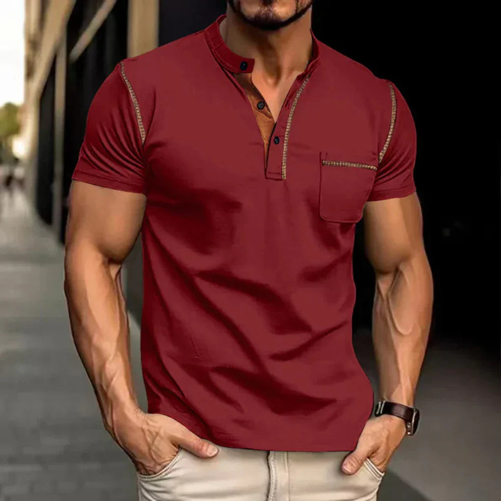 Stylish men's band collar polo shirt with button placket, perfect for a modern casual look.