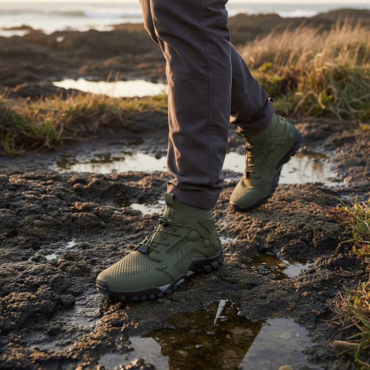 Men's barefoot high-shaft walking shoes, ideal for outdoor adventure & natural movement on trails.