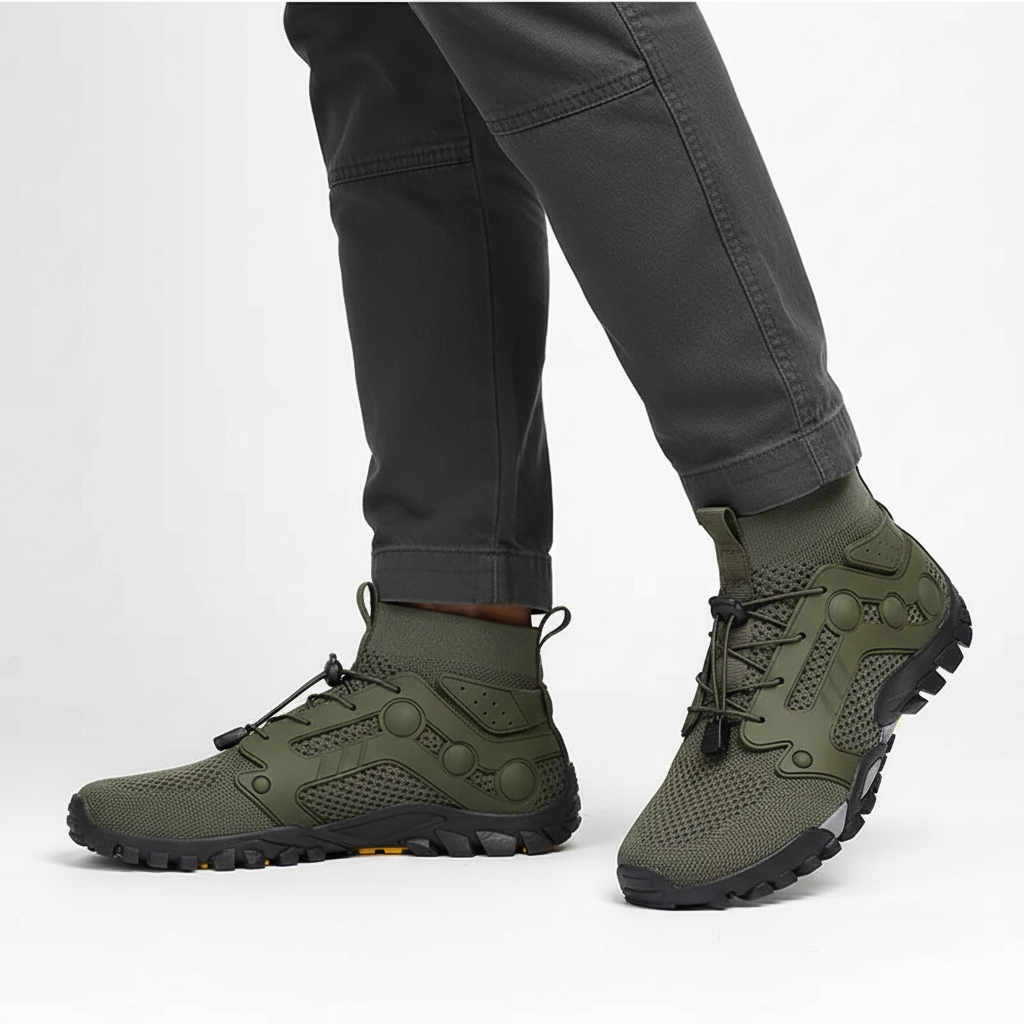 Lightweight, breathable men's high-shaft barefoot trail shoes with non-slip soles for active outdoor exploration.