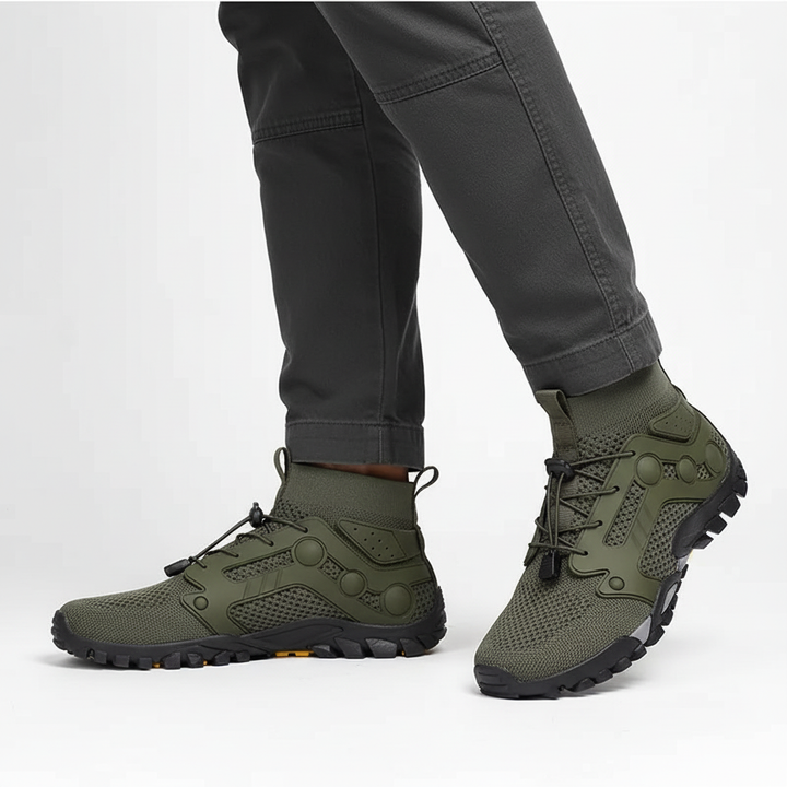 Lightweight, breathable men's high-shaft barefoot trail shoes with non-slip soles for active outdoor exploration.