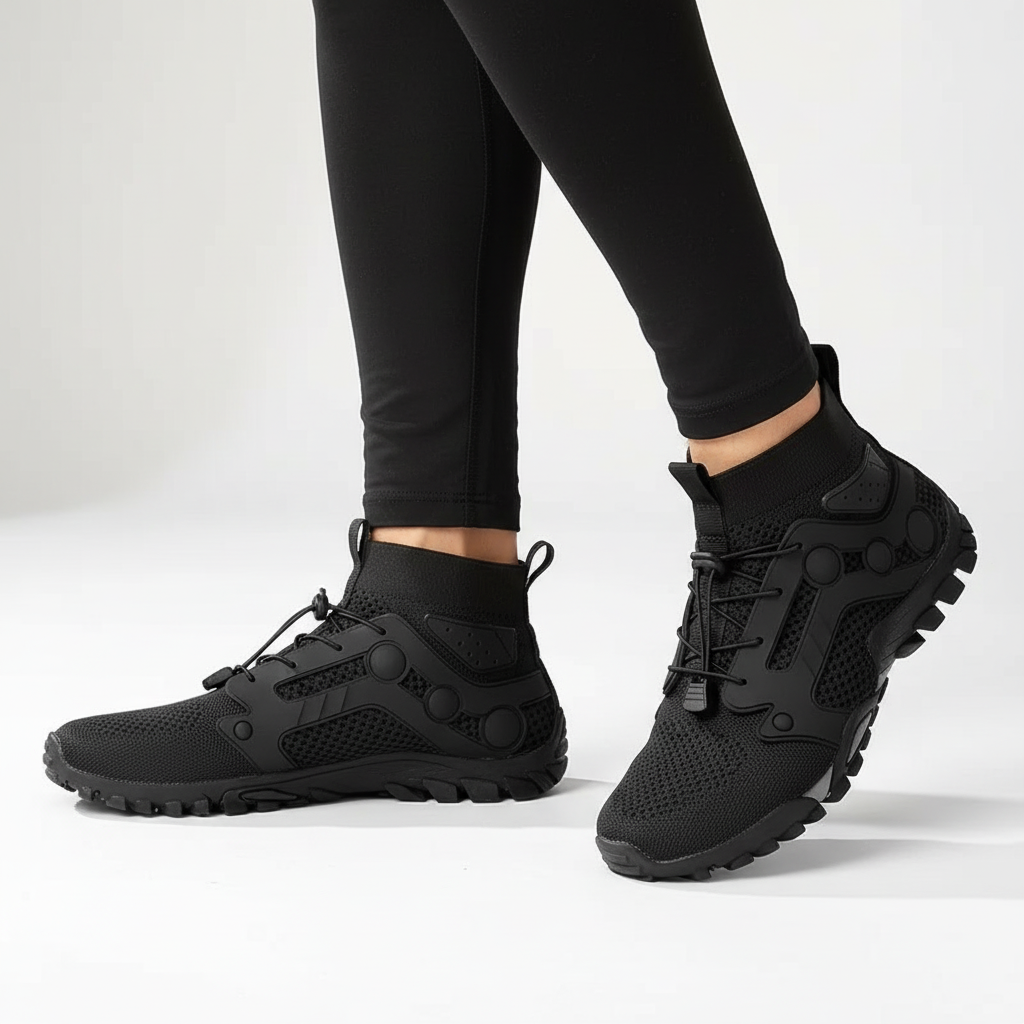 Men's high-shaft hiking boots, barefoot style, perfect for outdoor adventure & active lifestyle on diverse trails.