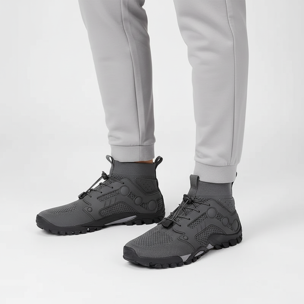 Versatile men's high-shaft barefoot walking & trail shoes; lightweight, breathable, and non-slip for comfort.