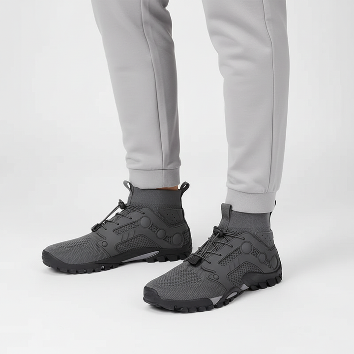 Versatile men's high-shaft barefoot walking & trail shoes; lightweight, breathable, and non-slip for comfort.