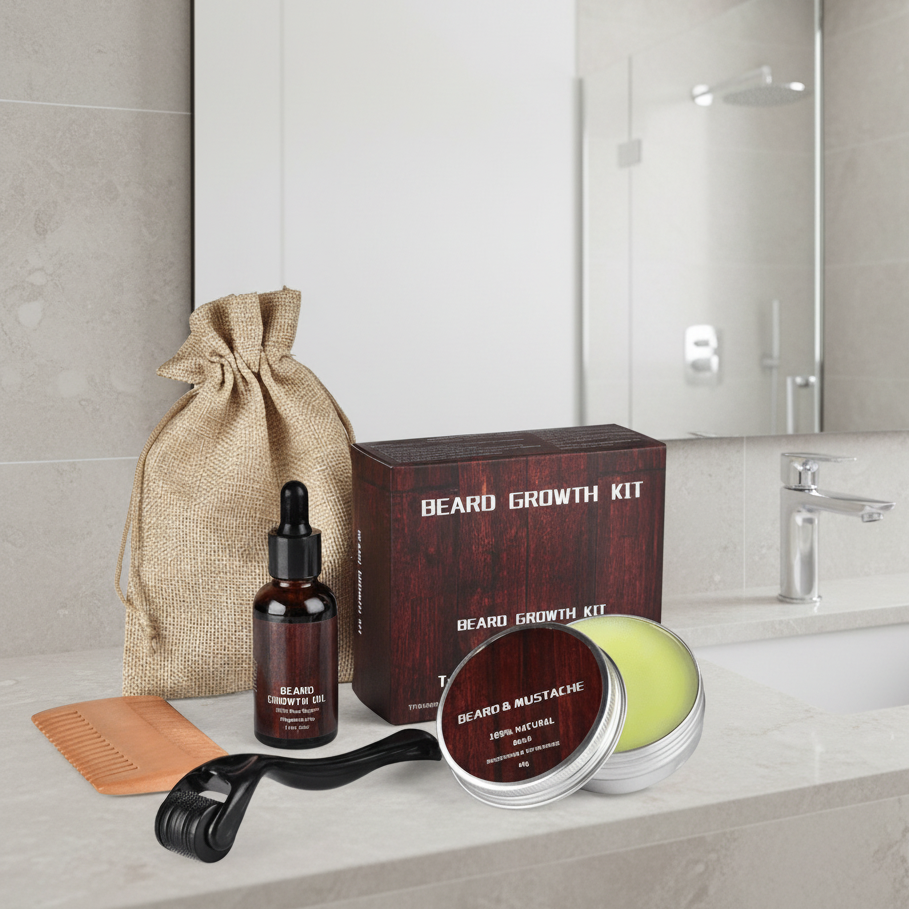 Men's beard growth kit with oil, balm, dermaroller, comb. For thick, healthy facial hair.