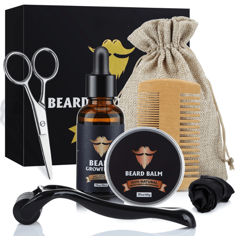 Exploded view of the mens beard growth kit, highlighting oil, balm, and dermaroller for facial hair care.