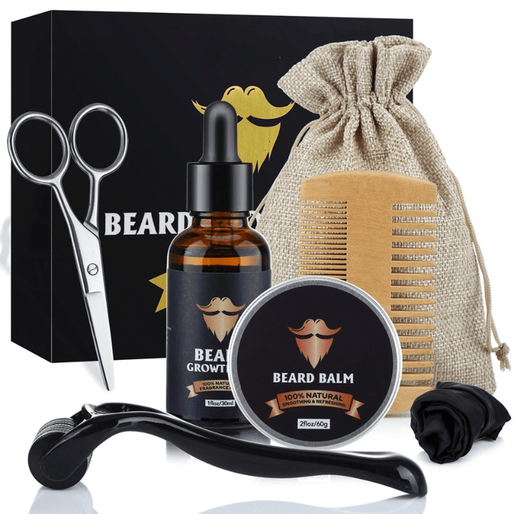 Exploded view of the mens beard growth kit, highlighting oil, balm, and dermaroller for facial hair care.