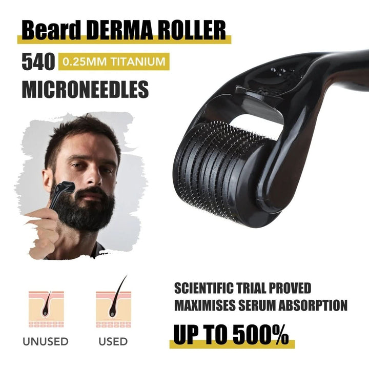 Men's beard growth kit on a bathroom counter. Essential for daily beard care and grooming for a thick beard.