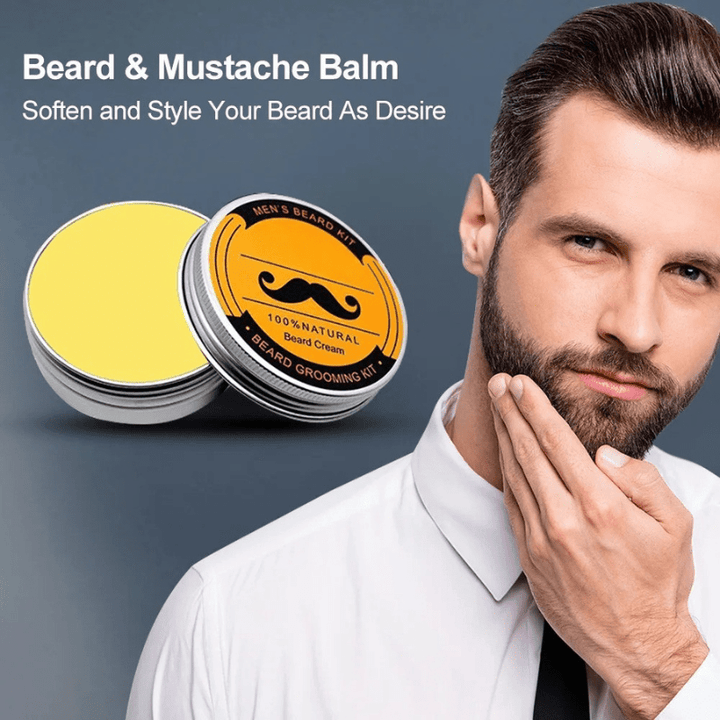 Set of beard oil, beard balm, and beard wash for complete men's grooming and beard care.