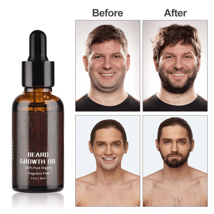 Man admiring his thick, healthy beard in a mirror, a result of consistent beard growth kit use.