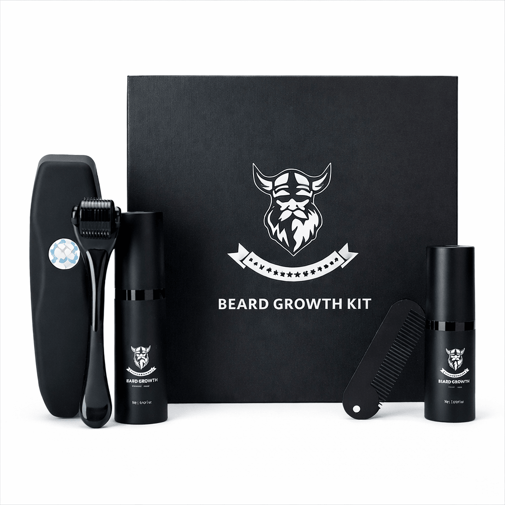 Artistically arranged men's beard growth kit components, emphasizing quality for fuller facial hair.